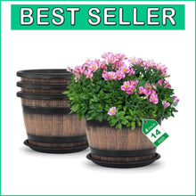 Load image into Gallery viewer, Large Plastic 4-Pack 14" Whiskey Barrel Planters with Drainage Holes &amp; Saucer