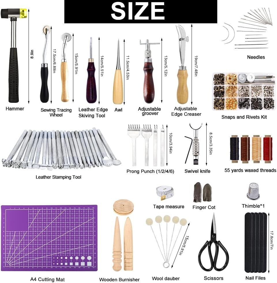 Adjustable Leather Craft Toolkit with Rivets, Punches, and Stamps - 183 Pieces