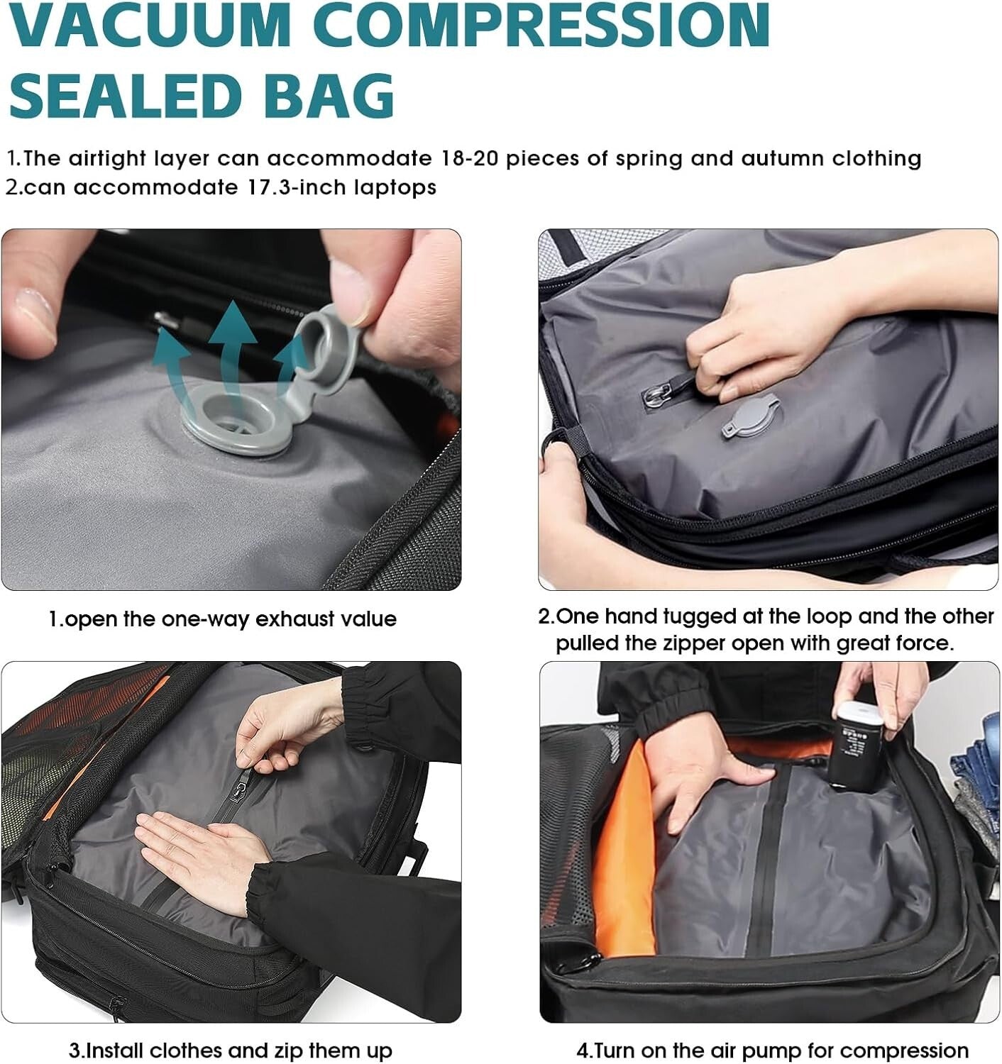 Durable Vacuum Compression Backpack with Water Resistance and USB Port - 45L