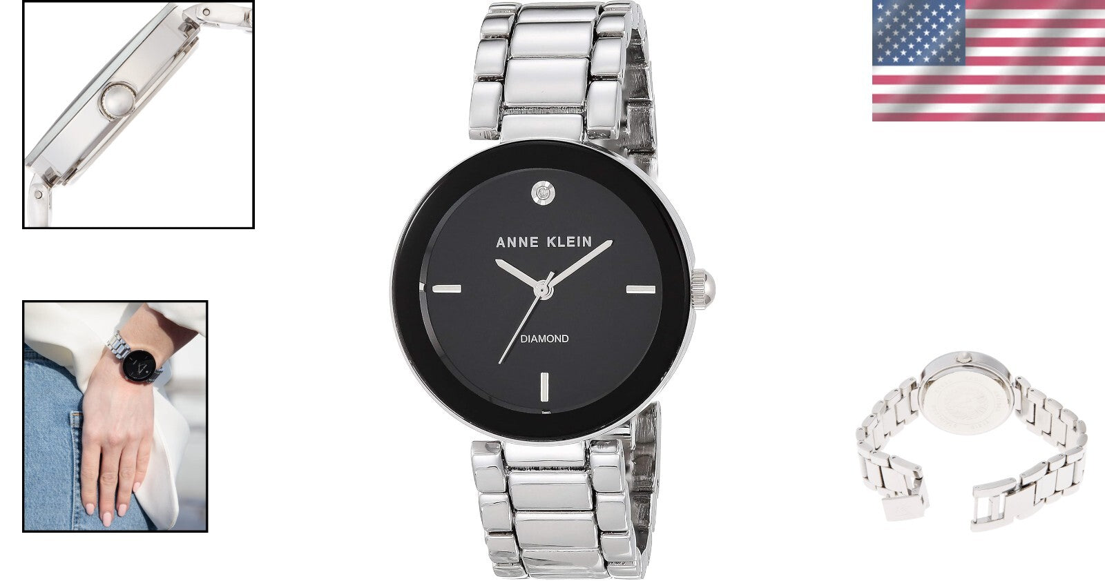 Genuine Diamond at 12 o'clock Women's Adjustable Silver-Link Bracelet Watch