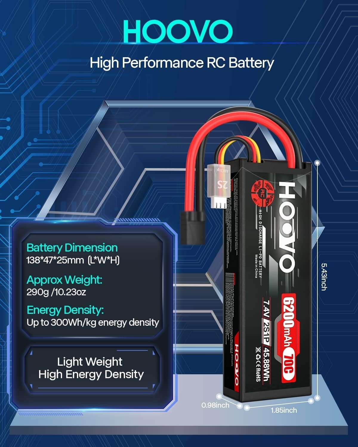 7.4V 6200mAh 2S Lipo Battery with Tracxas Plug - Perfect for RC Cars & Drones