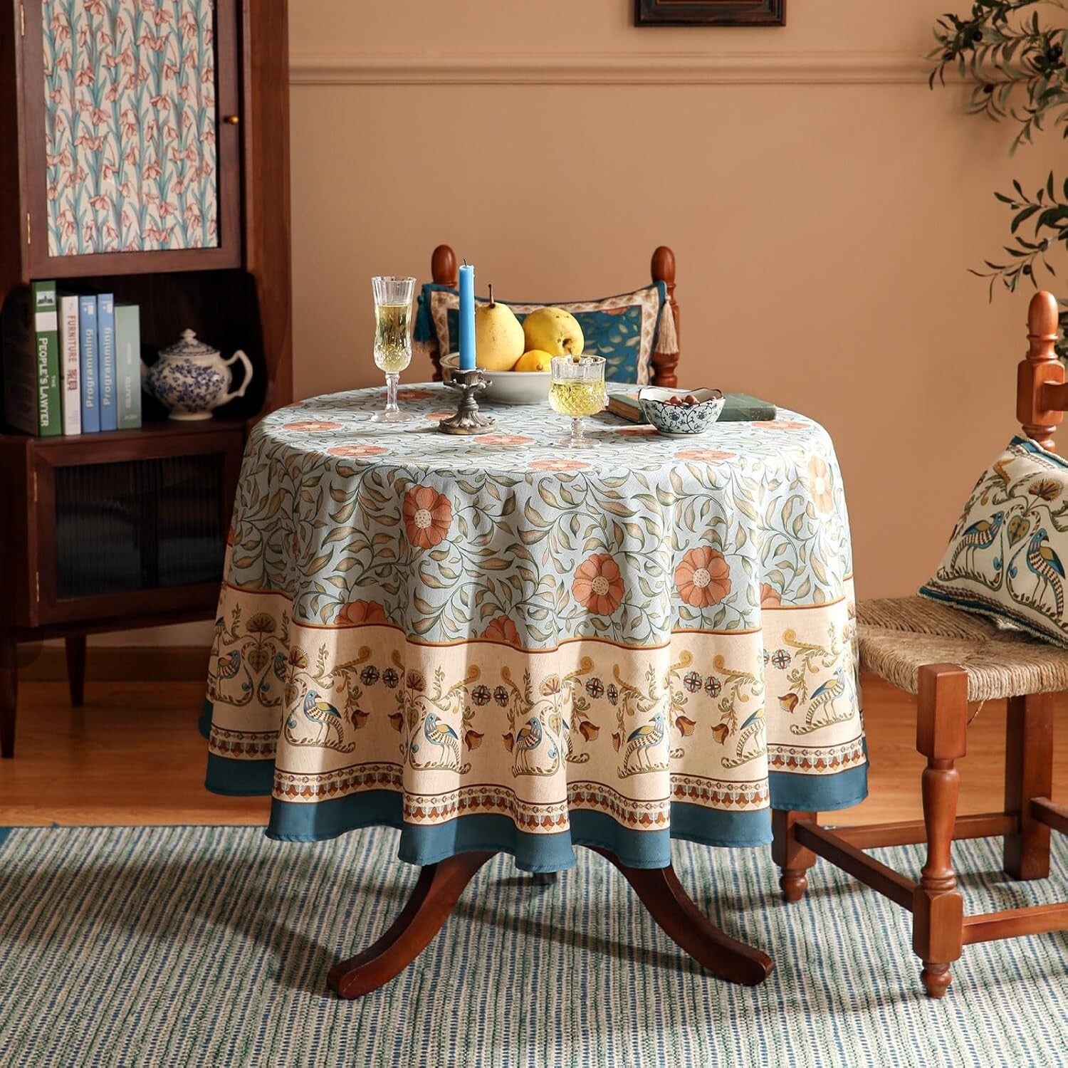 Elegant French Country Rustic Tablecloth - 67" Round with Pleated Corners