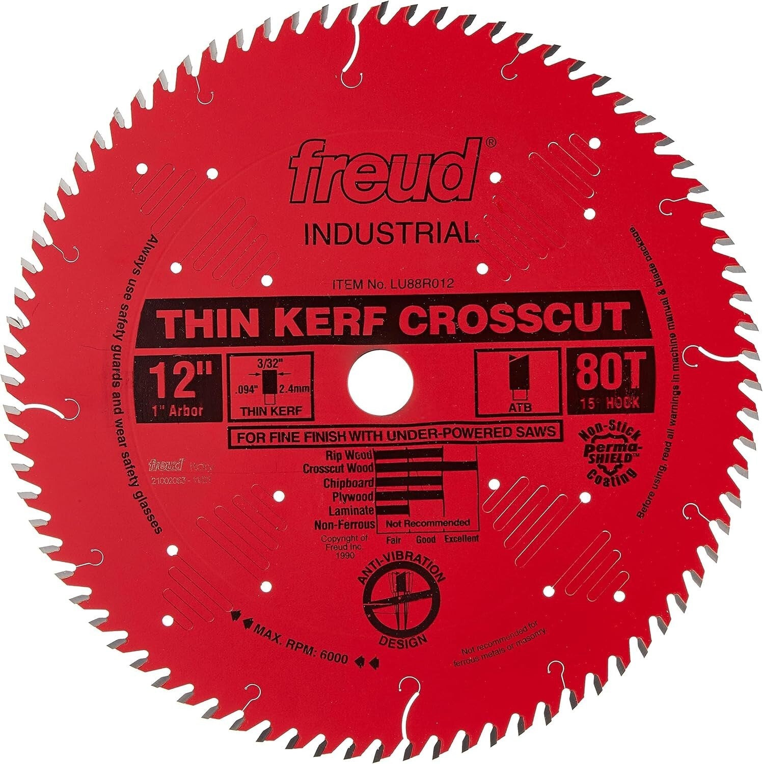 Professional 12-Inch Thin Kerf Saw Blade - 80 Teeth with Non-Stick Finish