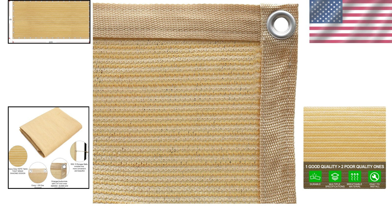 Durable 10x20 ft Outdoor Sunshade with Reinforced Grommets and 12 Bungee Balls