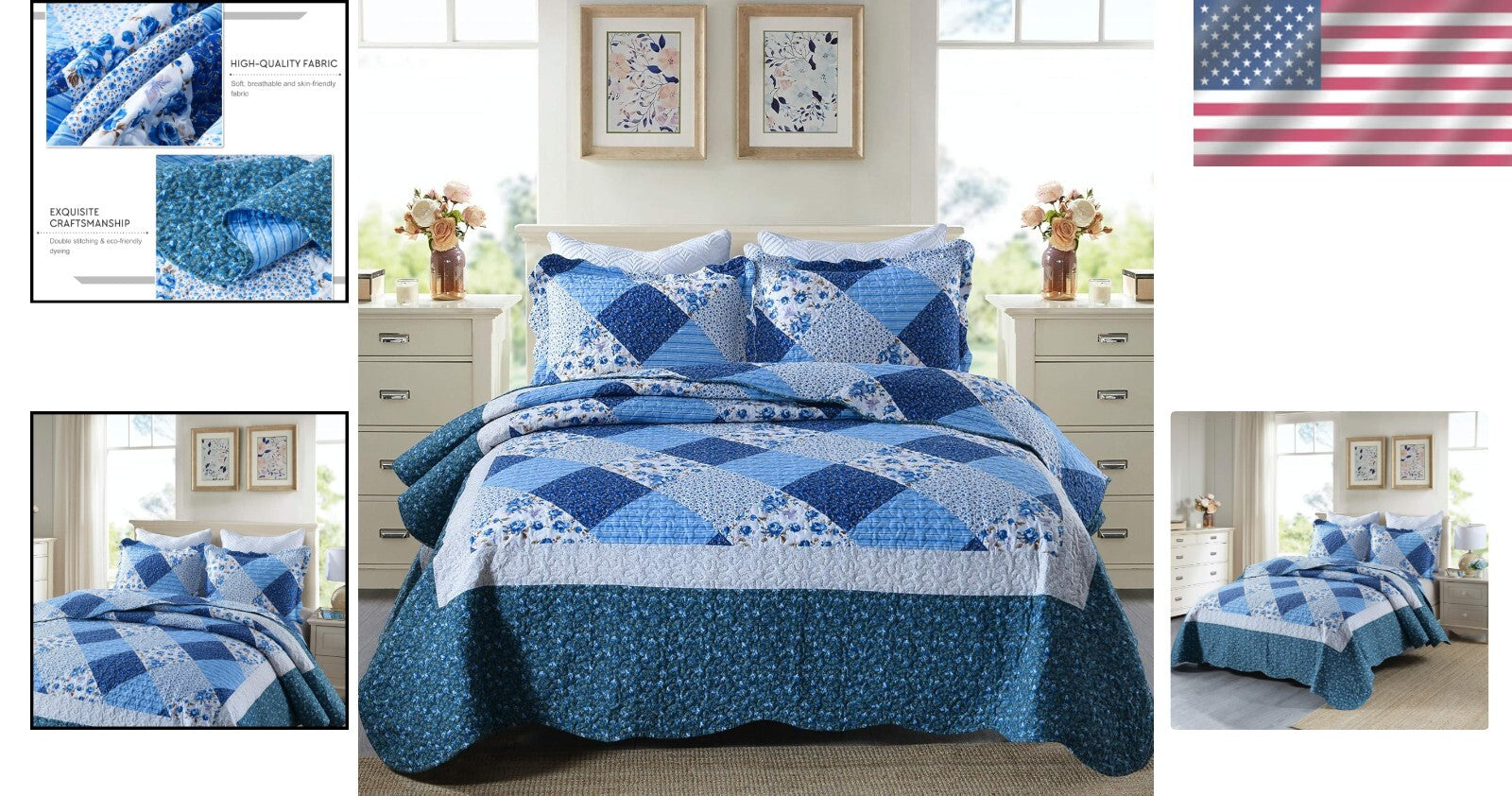 Lightweight Microfiber 3-Piece King Quilt Set with Floral Patchwork and Shams