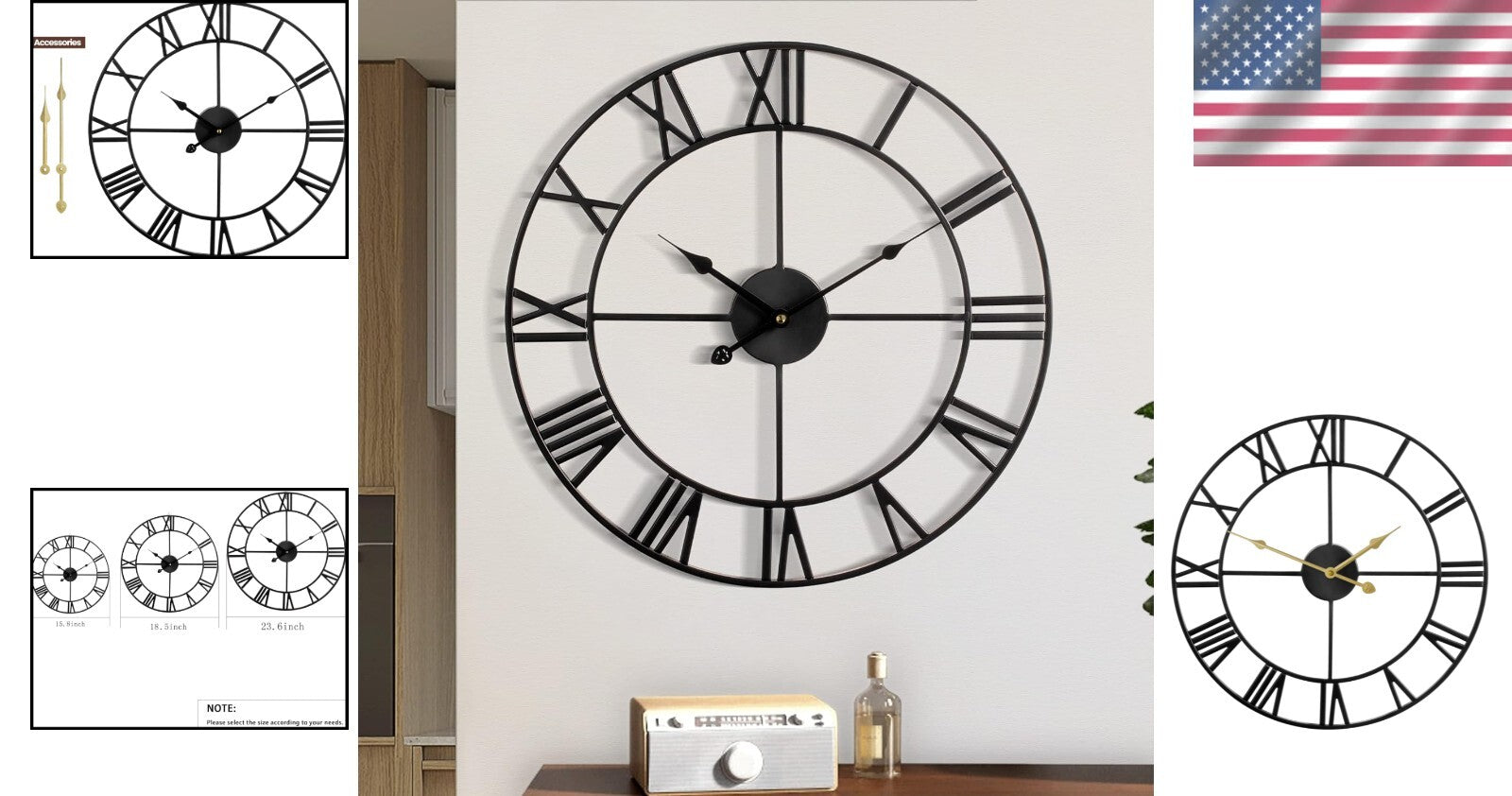 18-Inch Large Modern Retro Metal Wall Clock with Roman Numerals - Silent Quartz