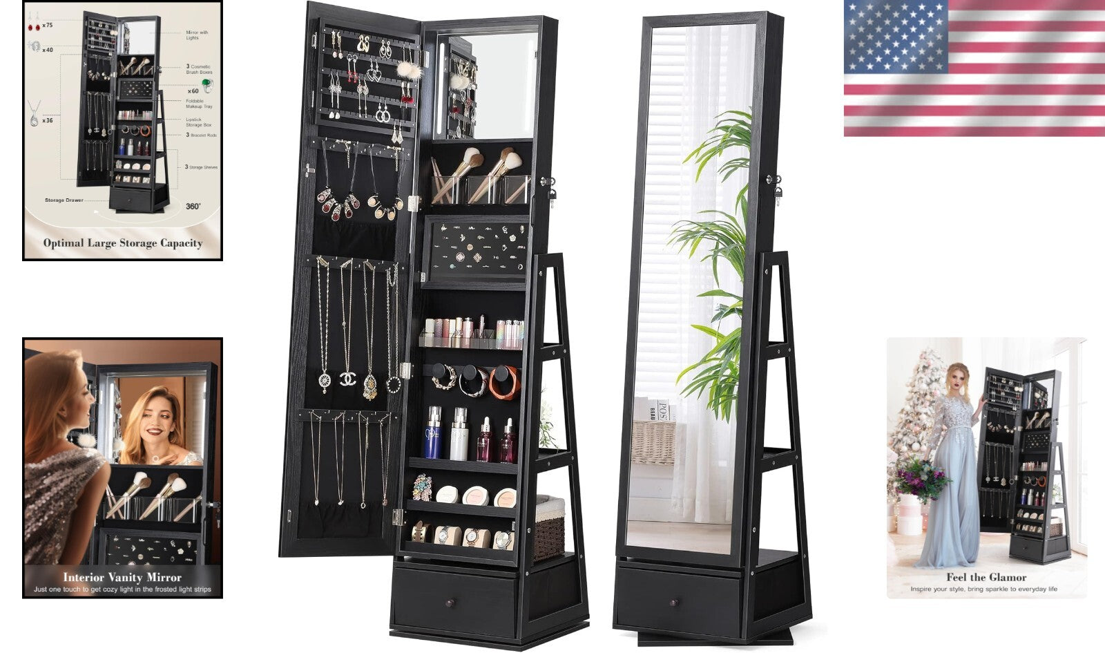 360° Swivel Jewelry Cabinet with Touch Screen Mirror - Elegant Storage Solution