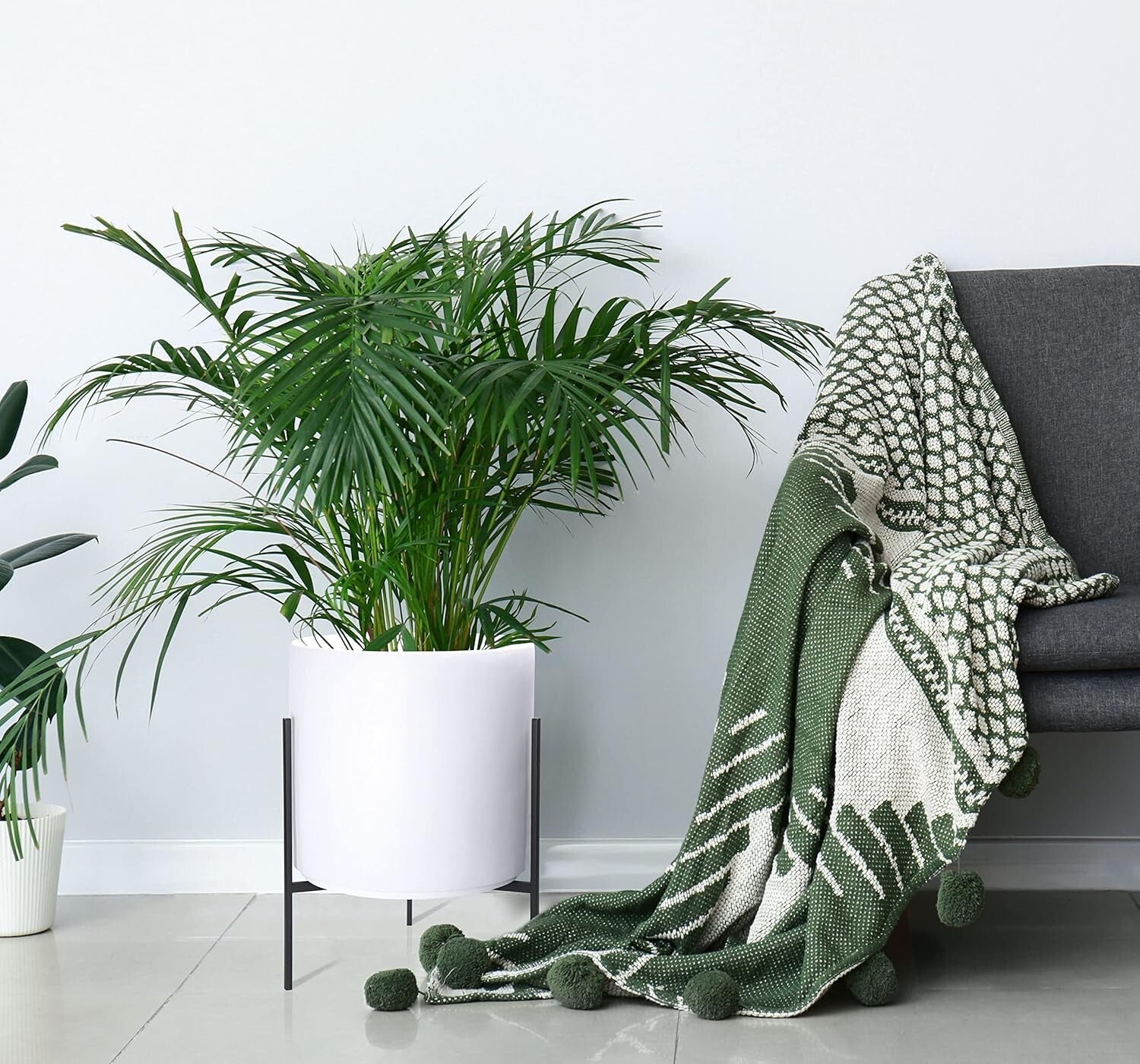 Stylish 16 Inch White Cylinder Plant Pot with Durable Metal Stand—Indoor/Outdoor