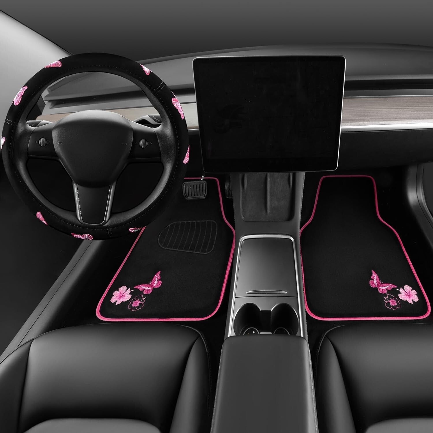 Elegant Pink Car Mats & Exercising Steering Wheel Cover with Butterfly Design