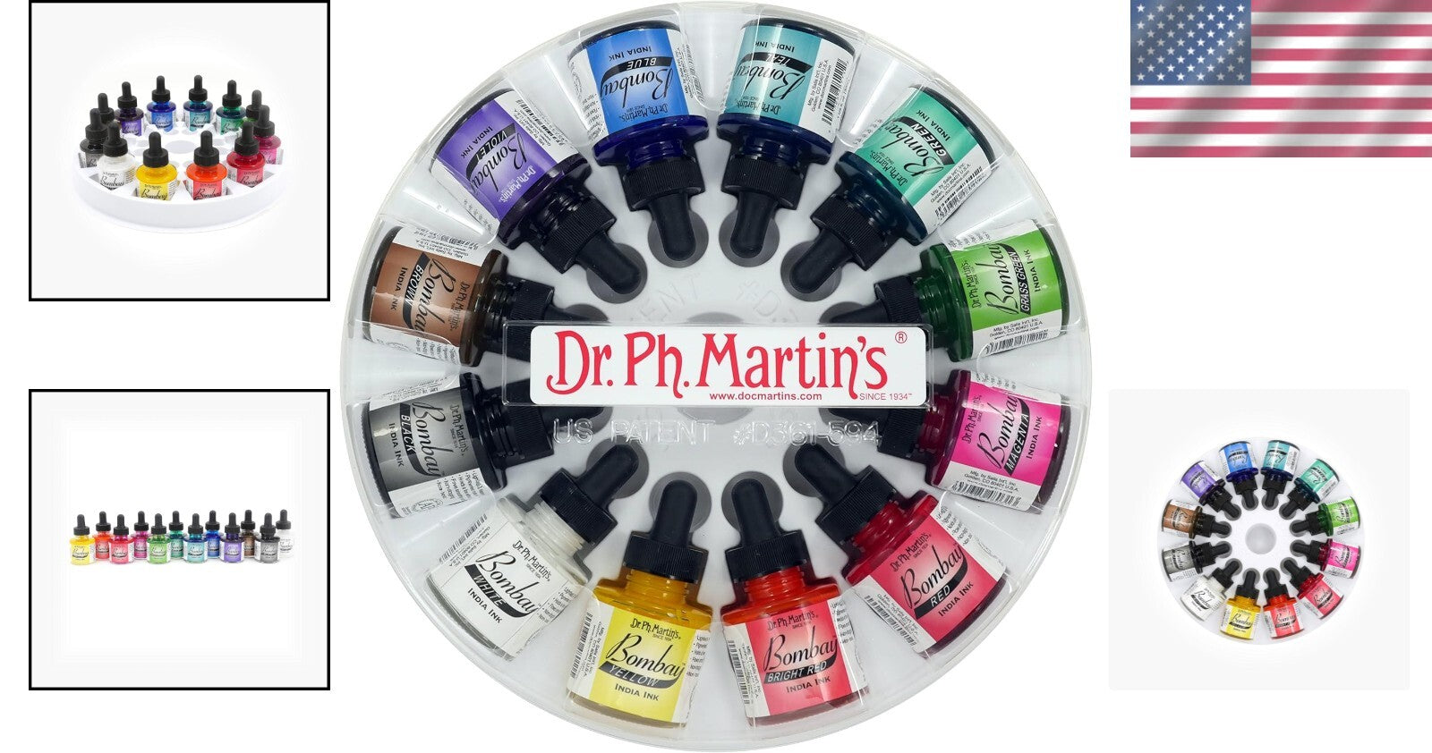 Vibrant Bombay India Ink Set - 12 x 1.0 oz Bottles with Droppers & Palette