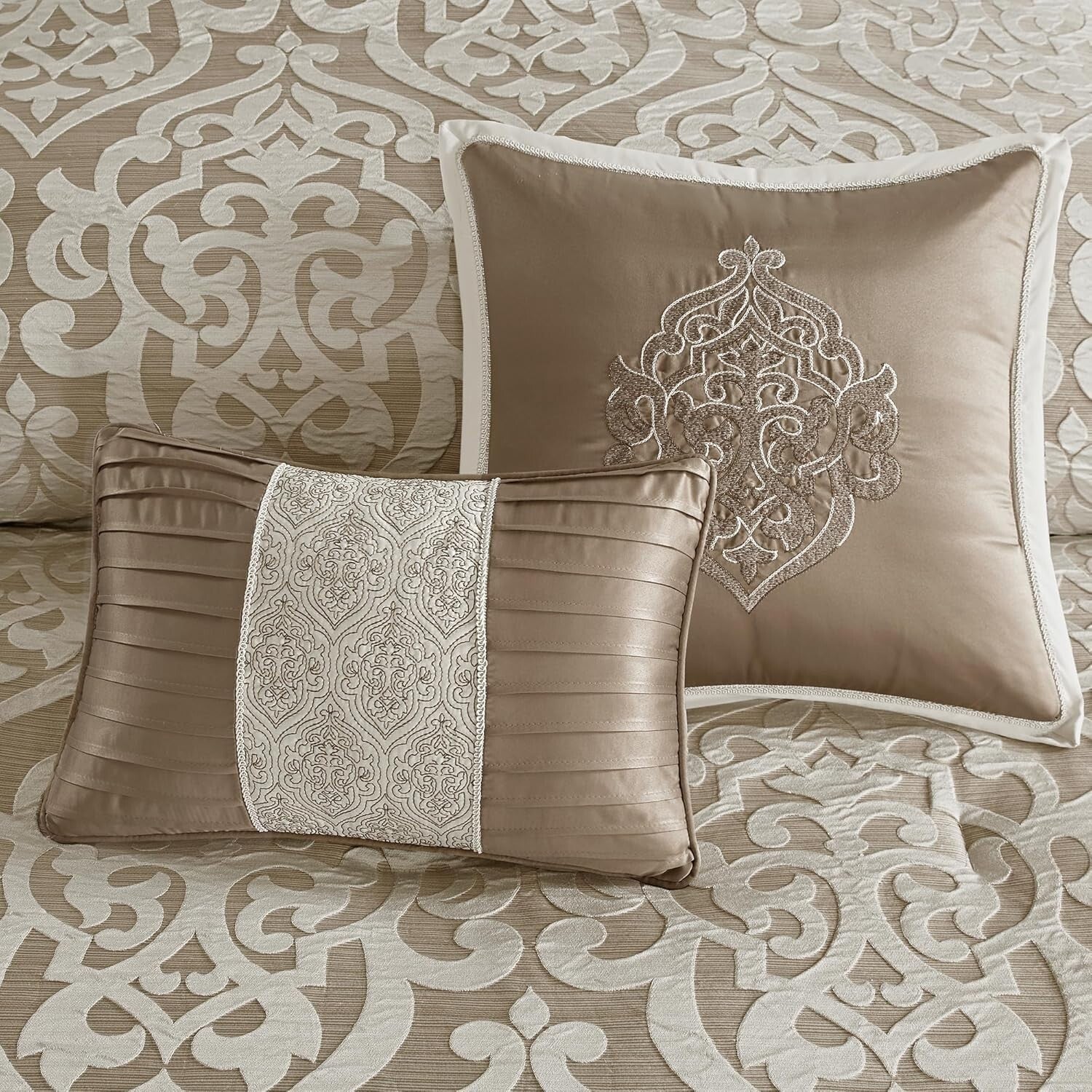Odette 8-Piece Tan Comforter Set - Jacquard Fabric with Decorative Pillows