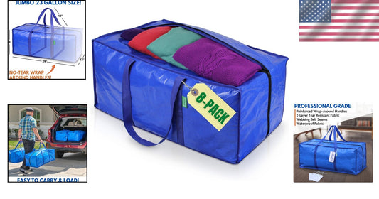 Durable Waterproof Moving Bags 8-Pack - Blue Totes with Zippers & Strong Handles