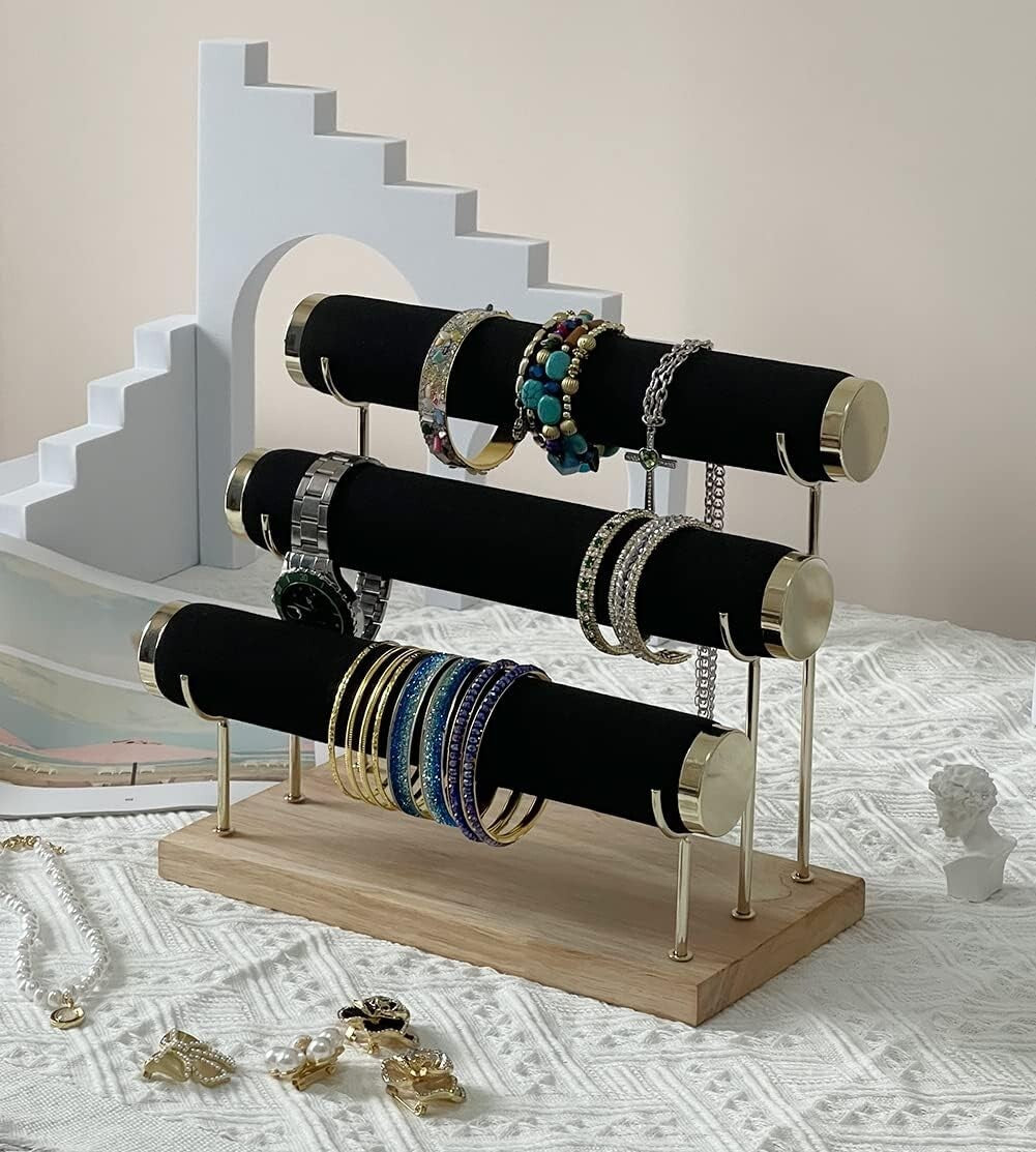 Freestanding 3-Tier Bracelet Holder - Elegant Velvet Stand for All Jewelry