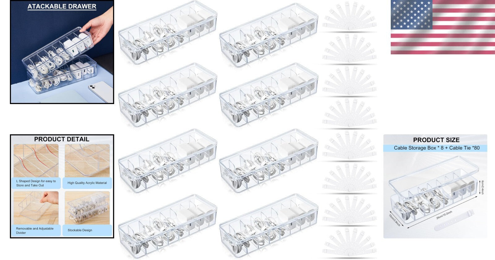 8-Pcs Clear Cable Organizer with 80 Wire Ties - Perfect for Desk Organization