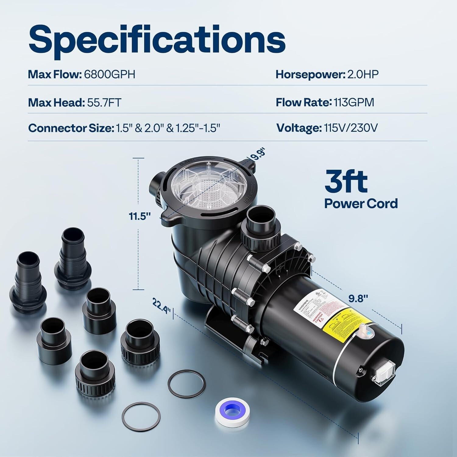 Reliable 2.0HP Stainless Steel Pool Pump with 3 Connector Options, Self-Priming