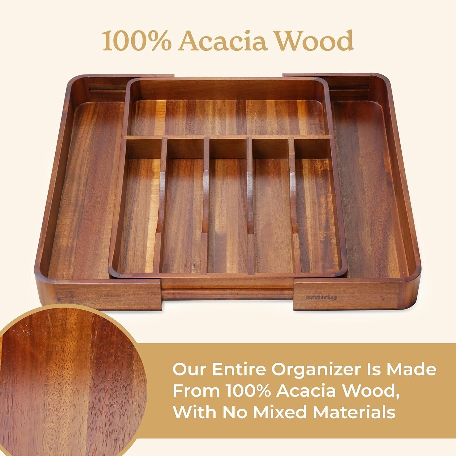 Durable Acacia Drawer Divider – Expandable Storage for Silverware and Utensils