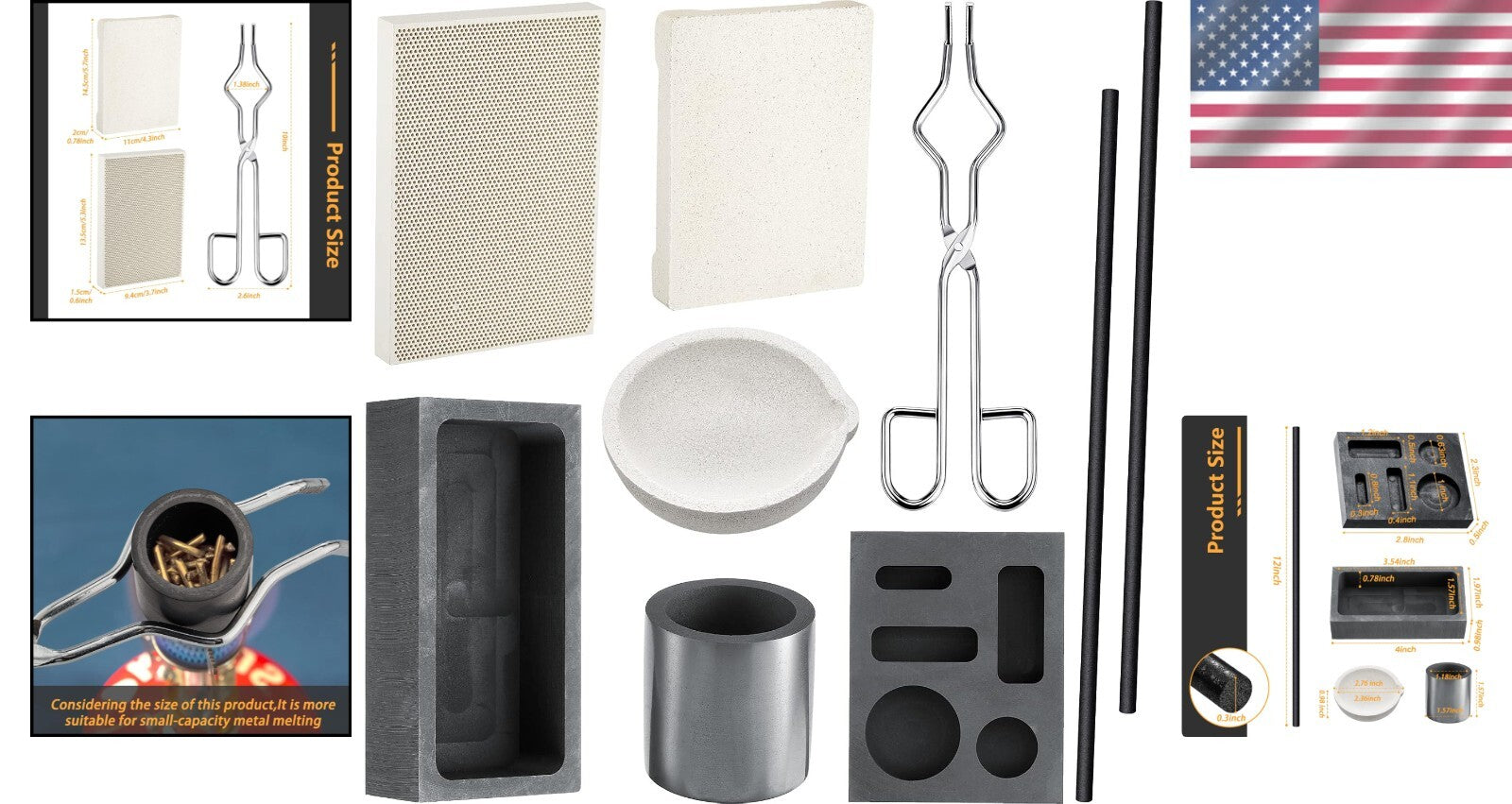 Durable 9-Piece Graphite Casting Set with Stir Rods and Moulds for Metalworking