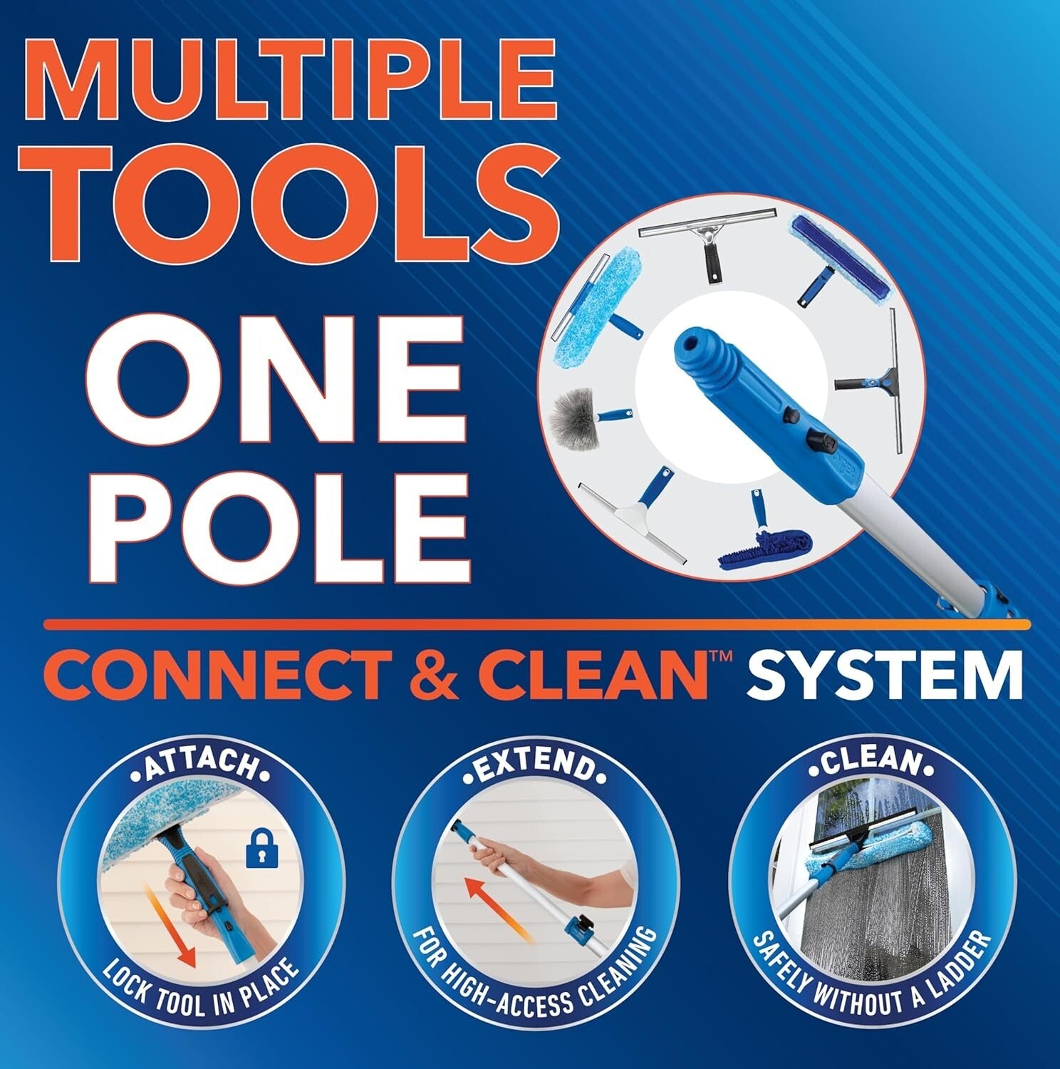 Complete Window Cleaning Kit: Squeegee, Scrubber & Extendable Pole - Blue/Black