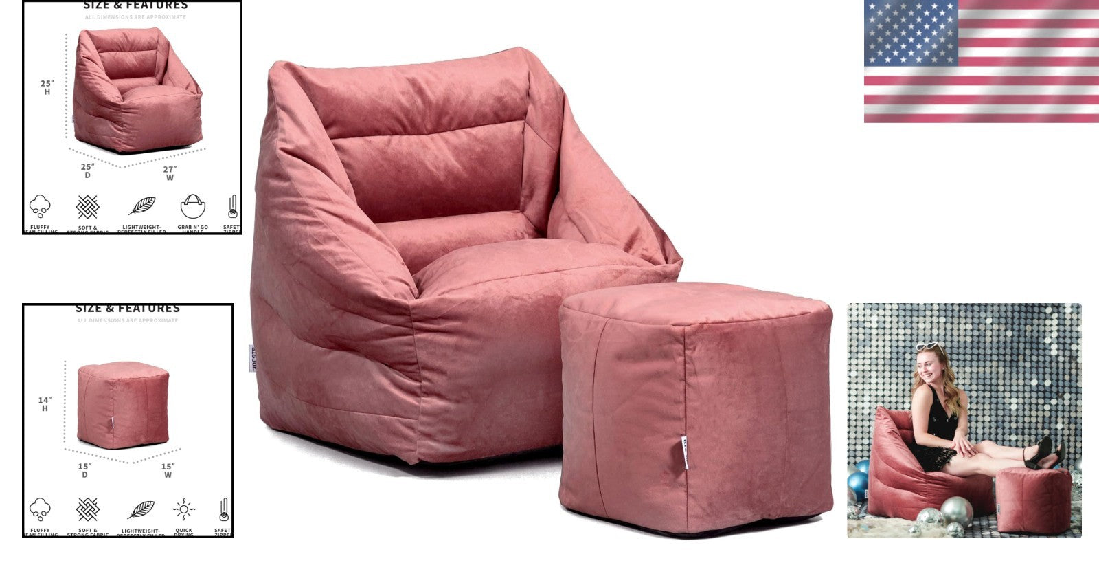 Luxurious Toasted Mauve Bean Bag Chair and Pouf - Youth-Friendly Comfort