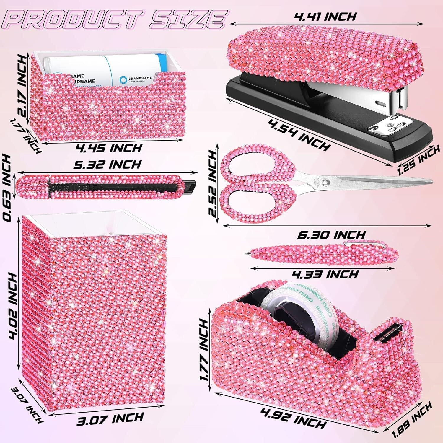 7-Piece Pink Diamond Desk Set: Scissors, Stapler, and Tape Dispenser Included