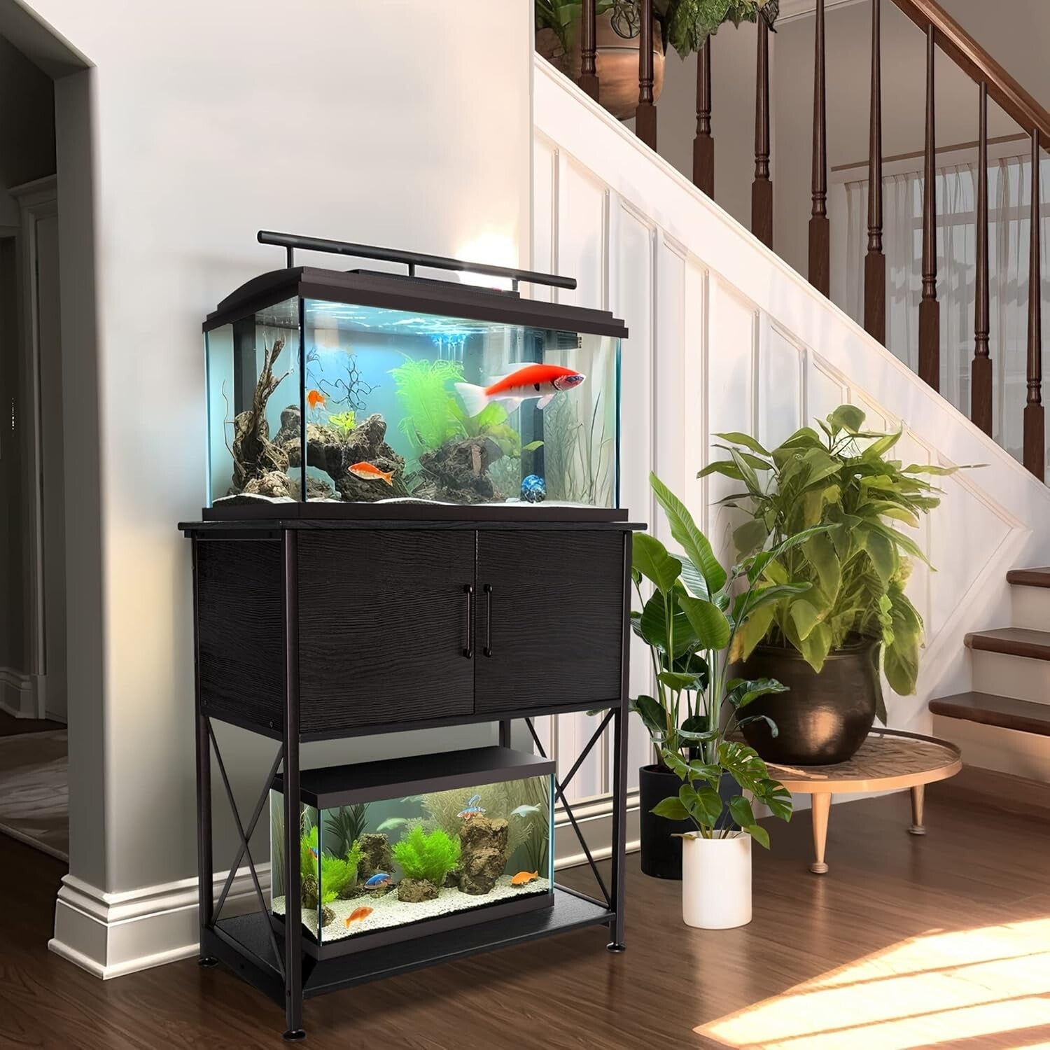 Dual-Level 20-29 Gallon Fish Tank Stand with Modern Design and Storage Solutions