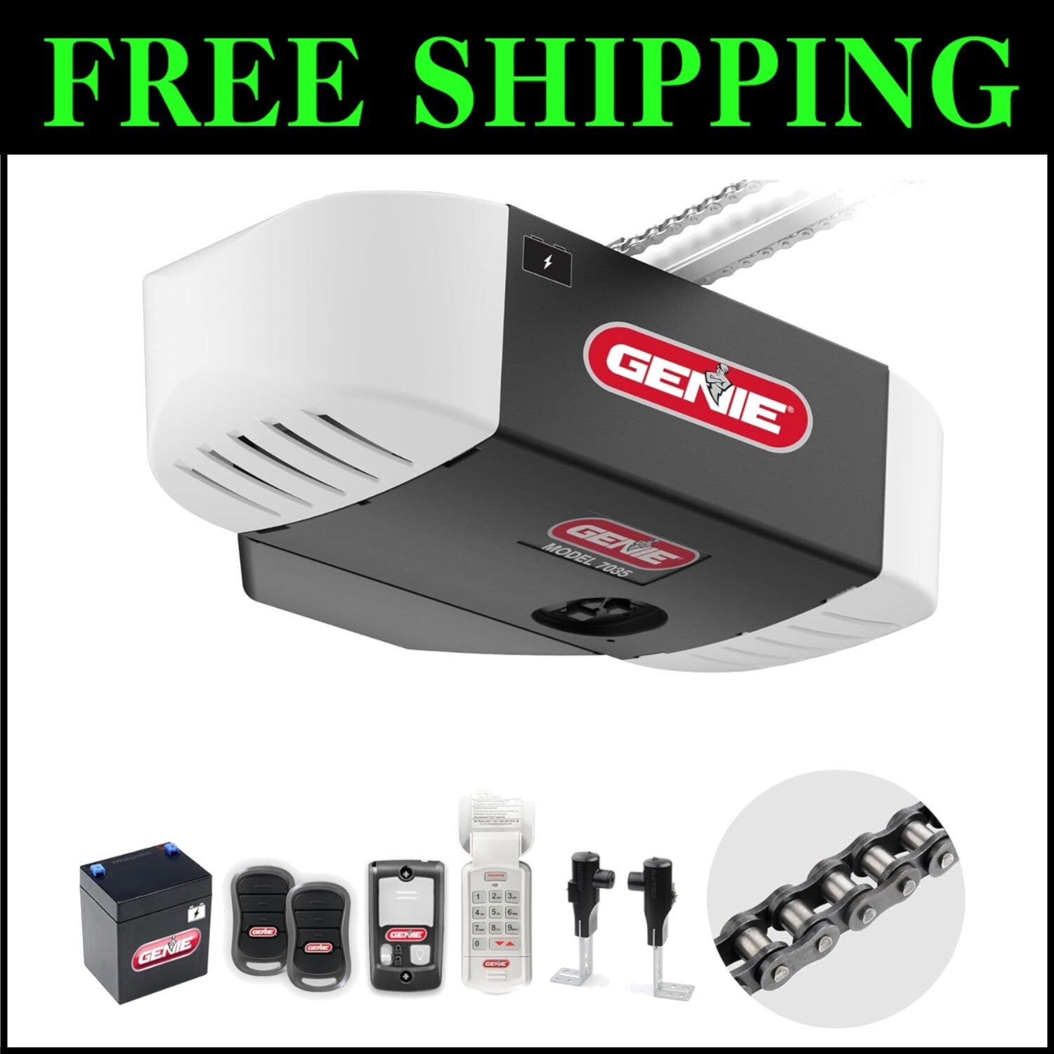 Effortless Installation Chain Drive Garage Door Opener w/Battery Backup, Black