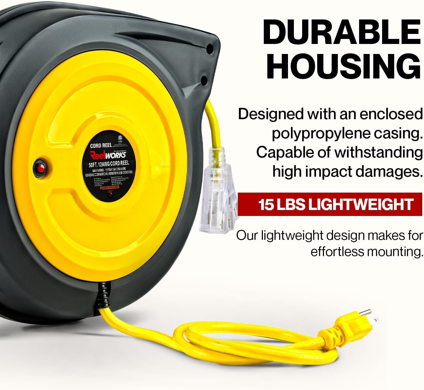 Premium 12AWG x 50ft Extension Cord with Glow Strip & Slow Retraction Technology