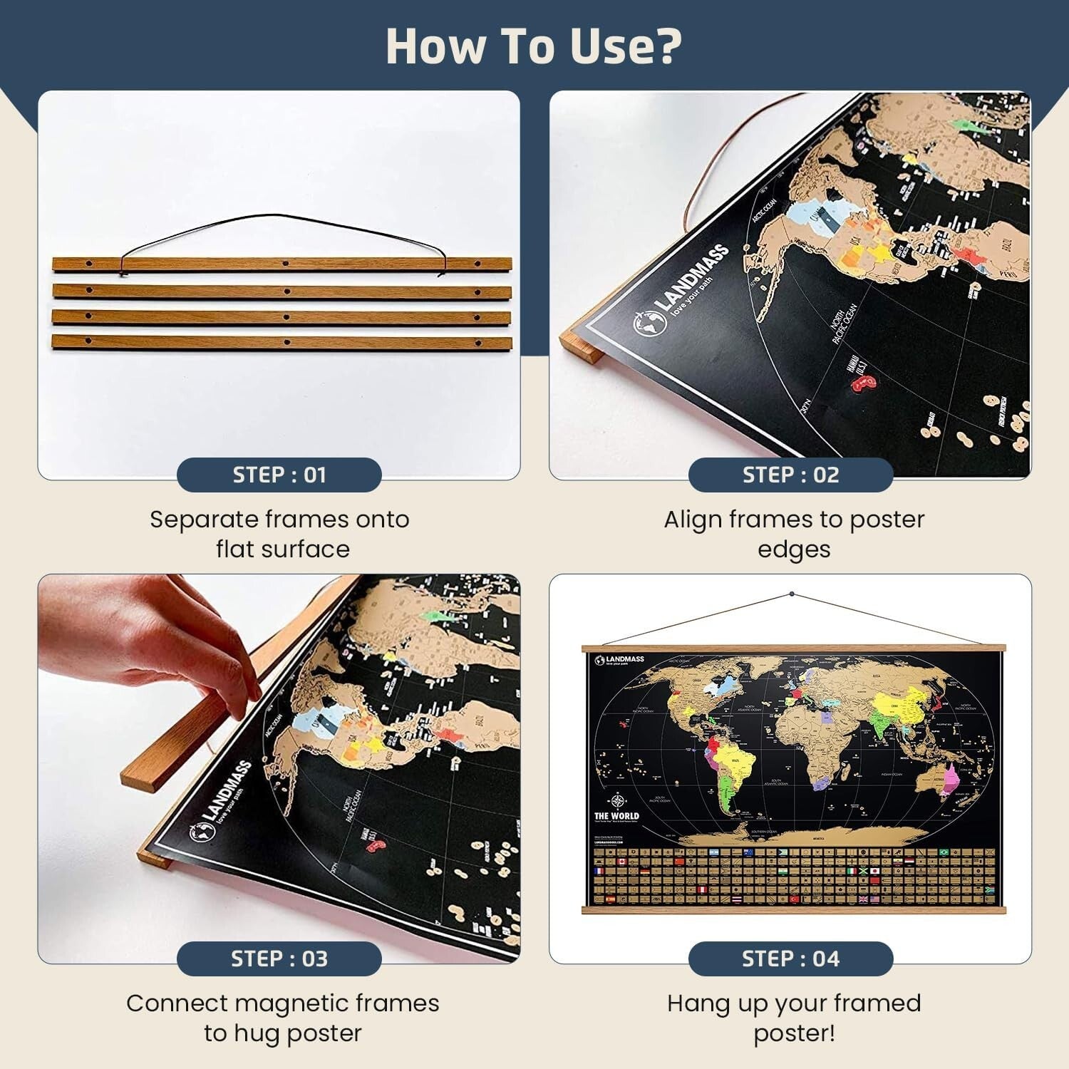 Large Matte Black Scratchable World Map with Flags and Wood Frame - Travel Decor