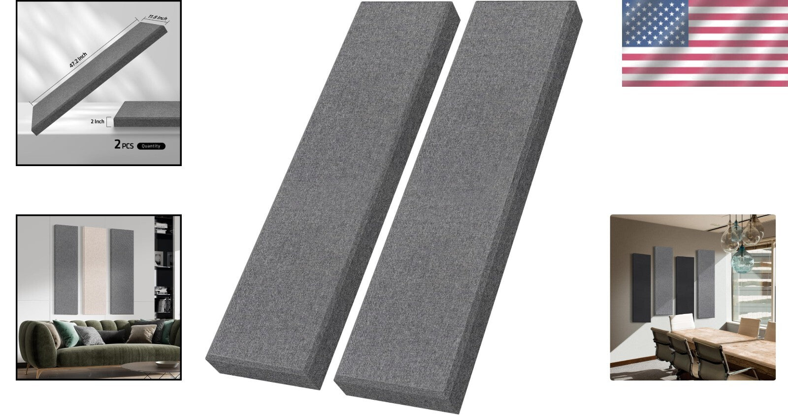 2 PCS Fiberglass Acoustic Panels - 48x12 Sound Absorbing for Studios and Offices