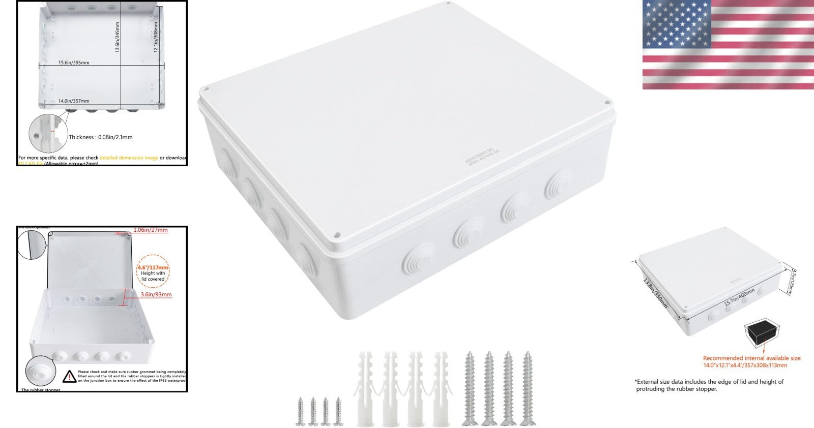 Durable IP65 Waterproof Junction Box for Electrical Projects - 15.7x13.8x4.7in