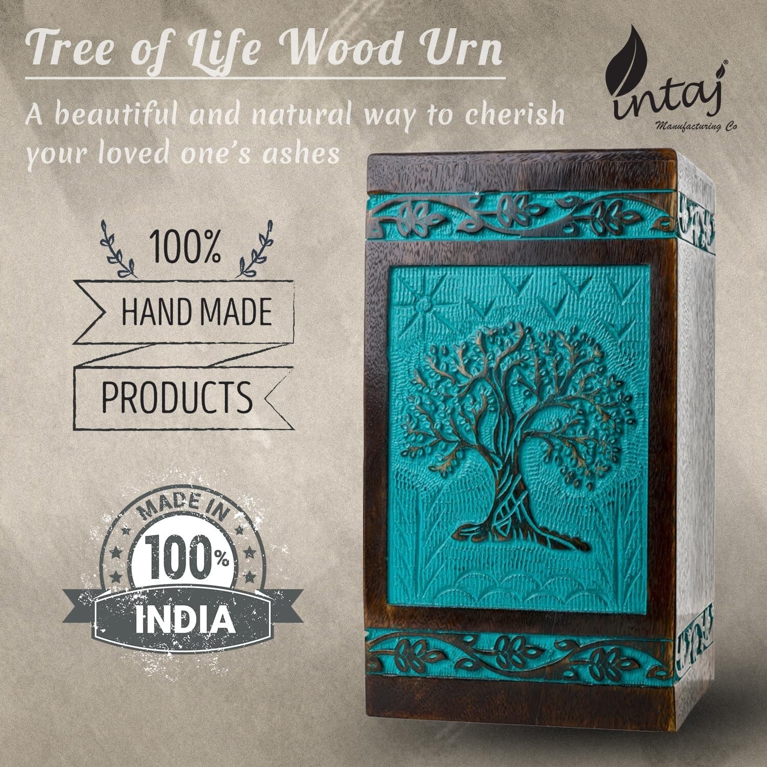 Handcarved Tree of Life Wooden Cremation Urn - 180 lbs Capacity, Teal Green