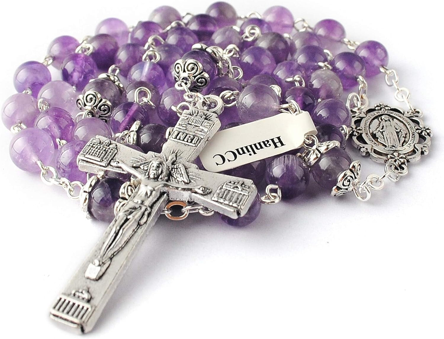Luxury Amethyst Crystal Rosary Necklace with Detailed Engravings & Faux-Silver