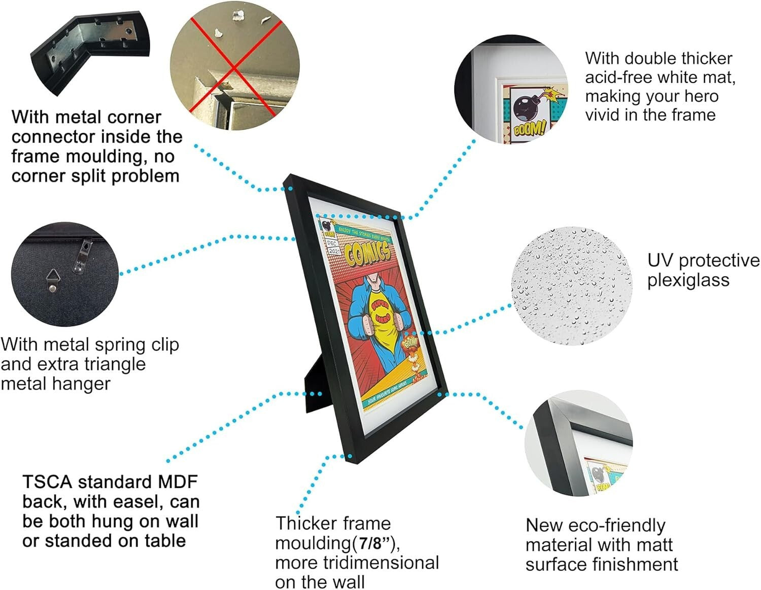 Easy-Install Comic Frame Set: 4 Frames with Glass & White Mat for Displaying