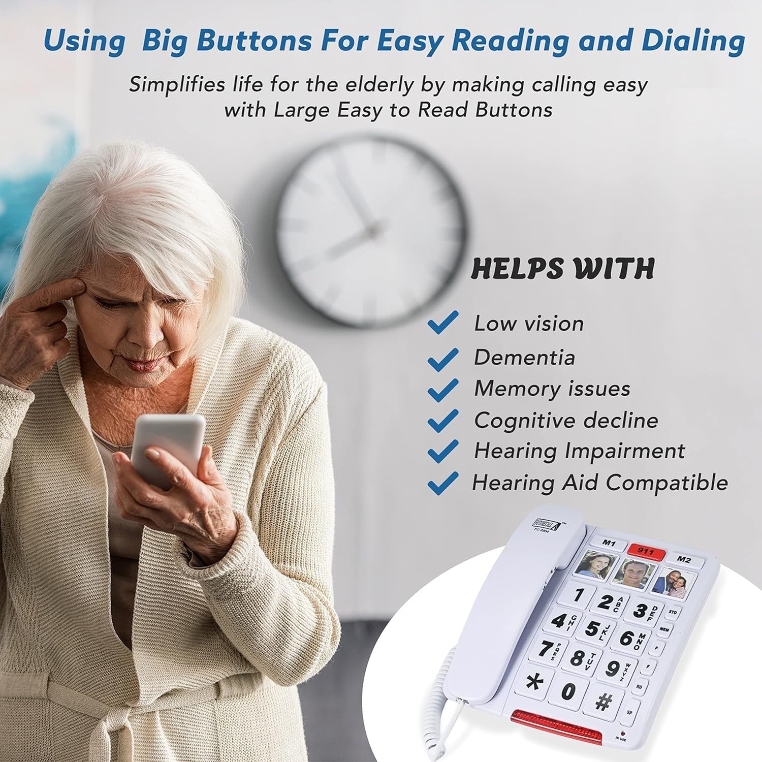 FC-2804 Big Button Phone: Amplified & Easy Dial for Seniors - 3 Picture Keys