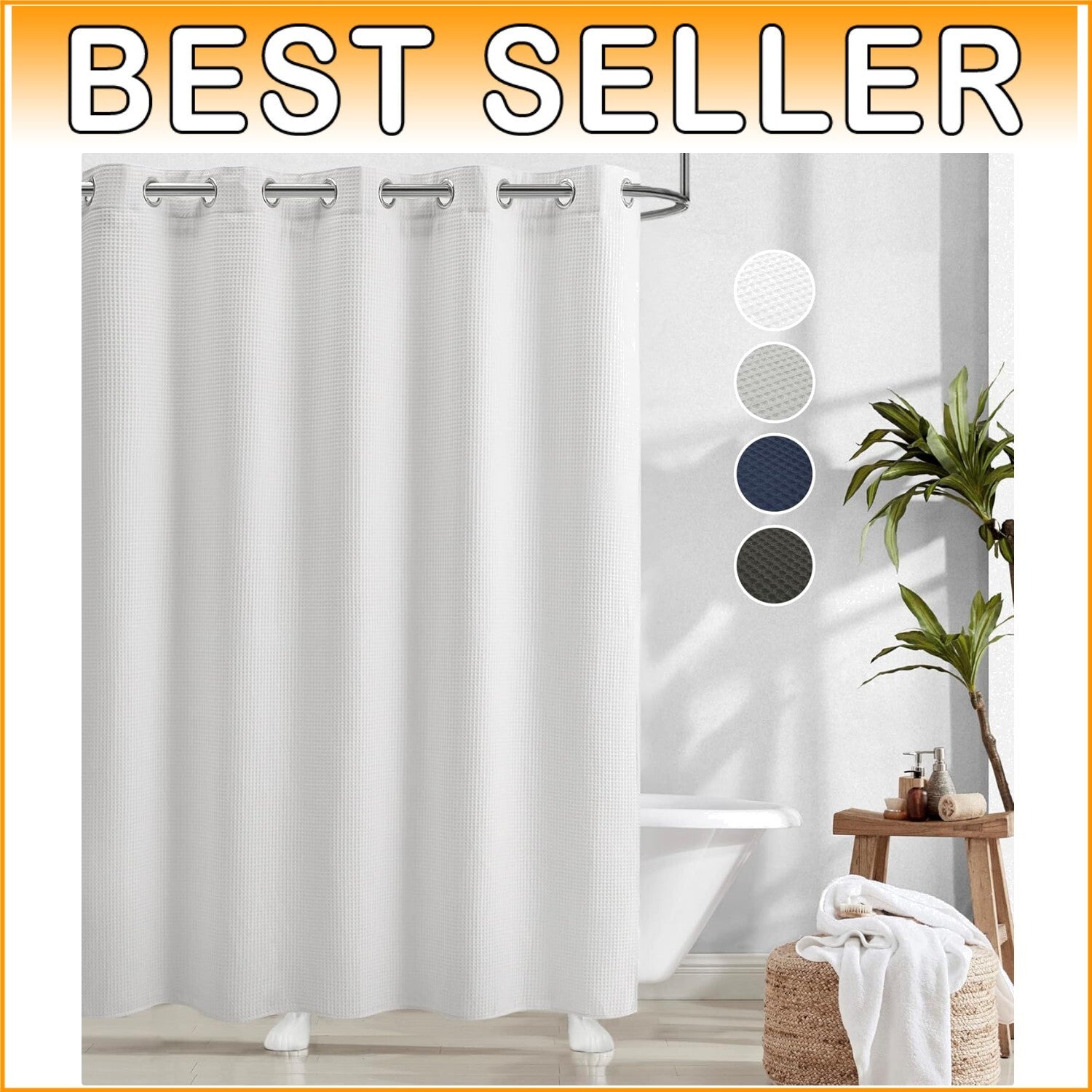 Elegant White Waffle Weave Shower Curtain Set - Machine Washable & No Hooks