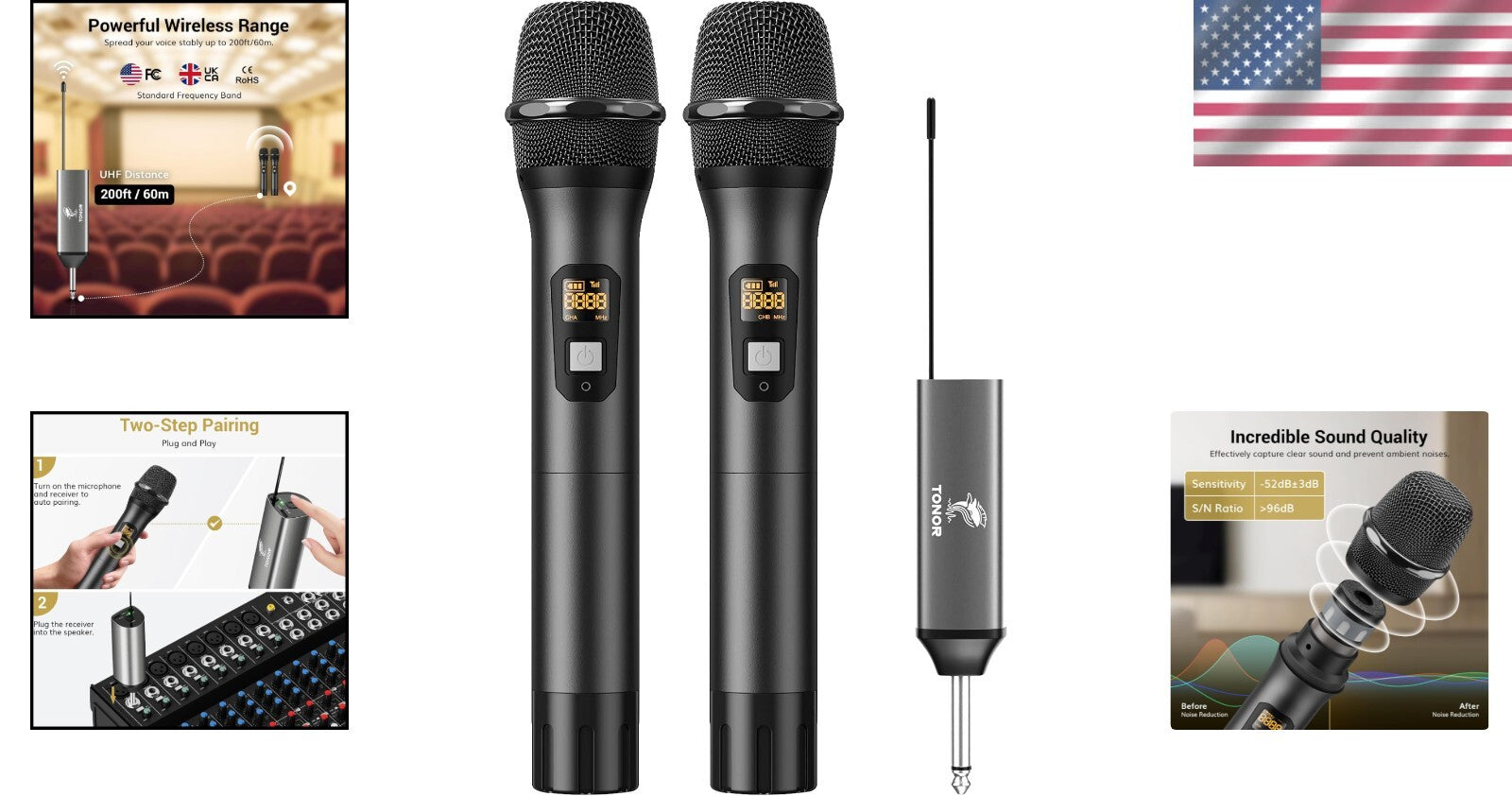 Dual Cordless UHF Microphone Set - Rechargeable Metal Design for Versatile Use