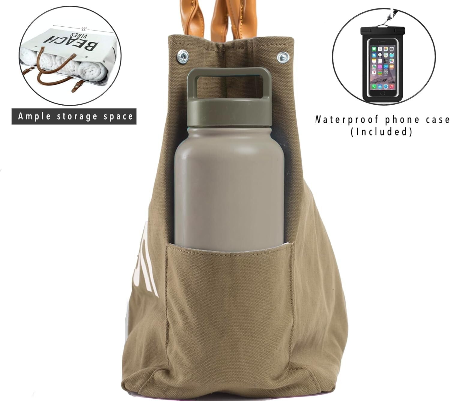 Stylish Waterproof Beach Bag with Vegan Leather Handles - Sandproof Design
