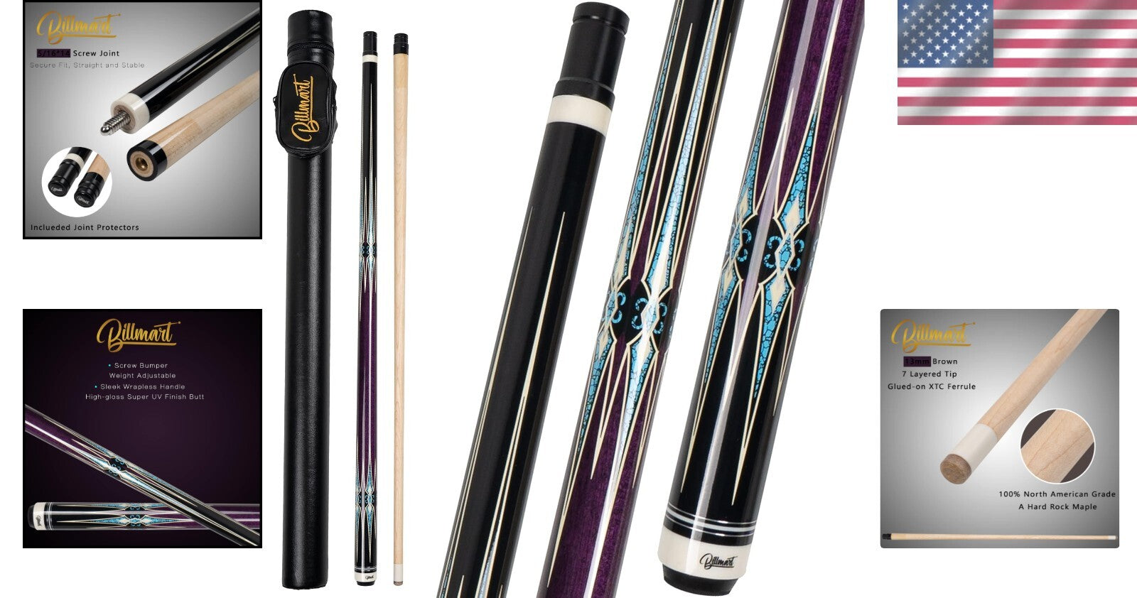 Vibrant 58" Pool Cue Stick with Comfortable Wrapless Grip - Maple Construction