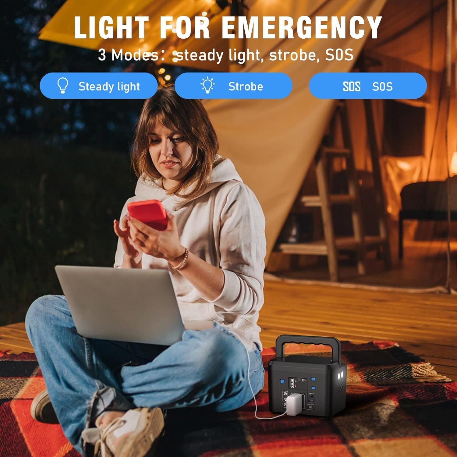 200W Portable Power Station - 33,000mAh Power Bank with LED Light for Camping