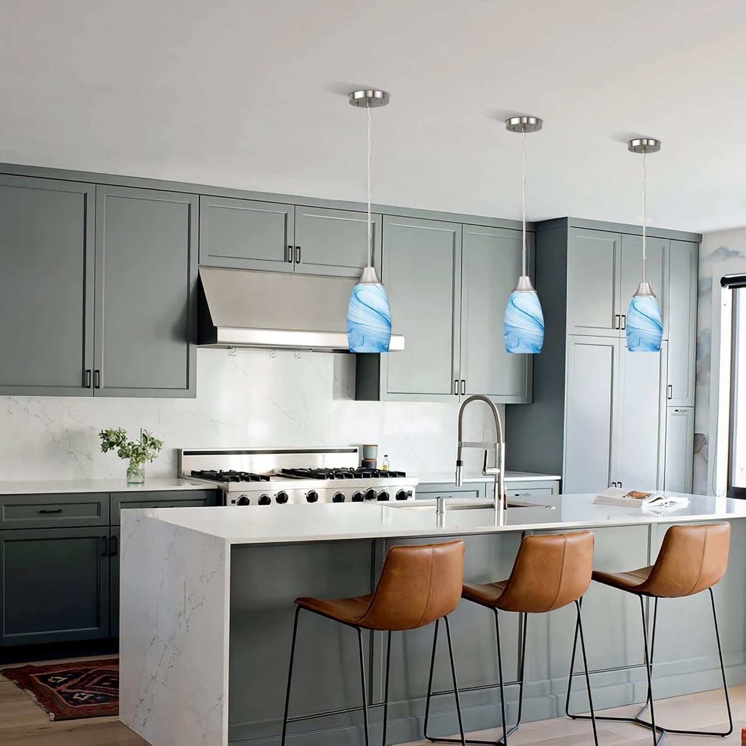 Elegant Handcrafted Blue Glass Hanging Light - 60W Adjustable Ceiling Fixture