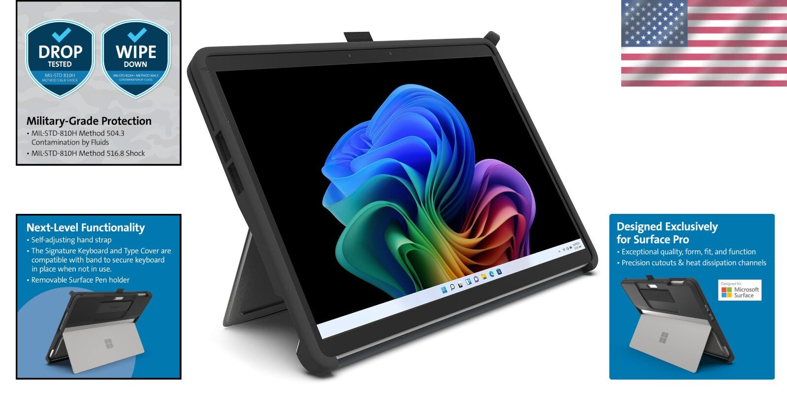 Elegant Black Rugged Case for Surface Pro 9/10/11 with Hand Strap & Pen Holder