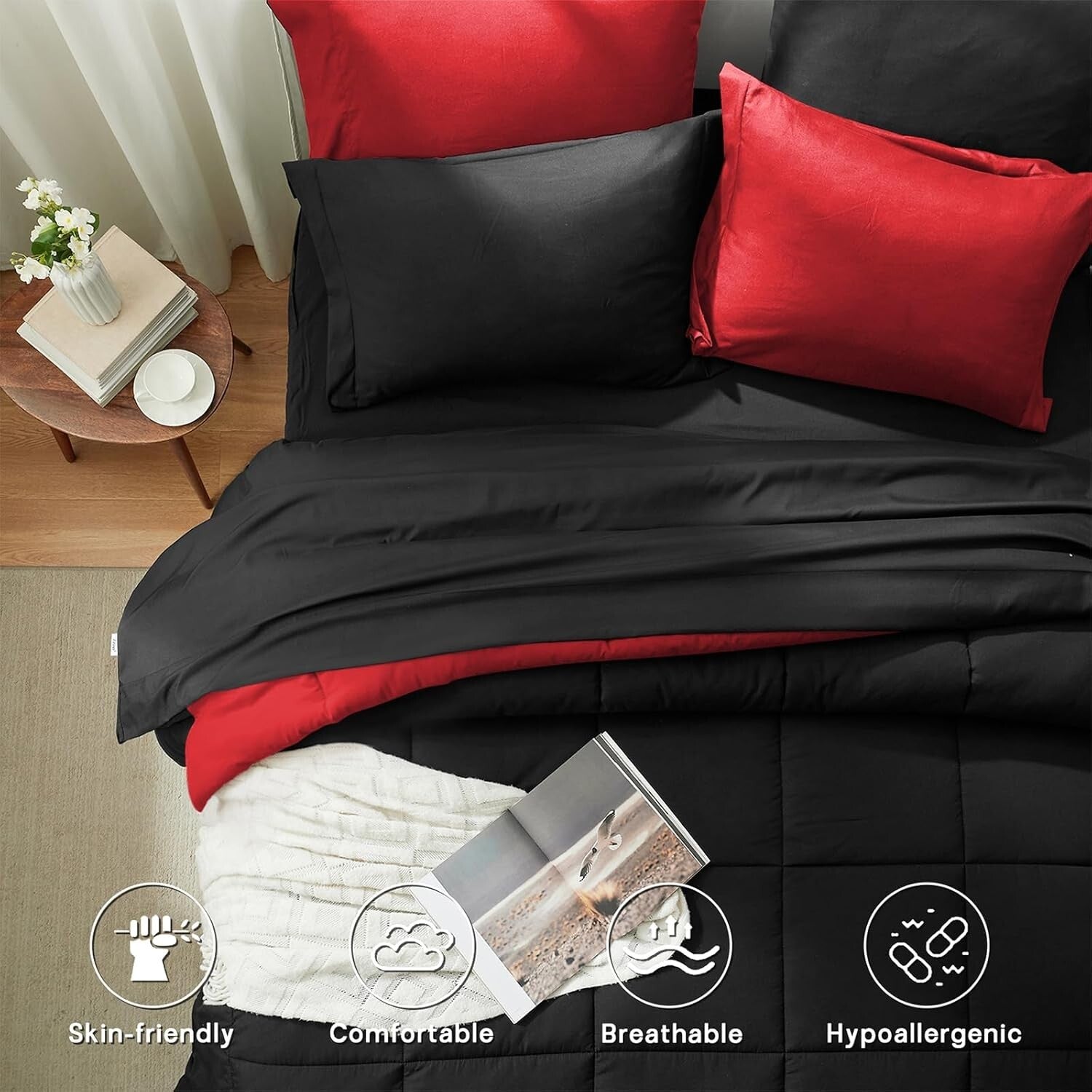 7-Piece All-Season Bedding Set with Black & Red Microfiber Comforter - Cal King
