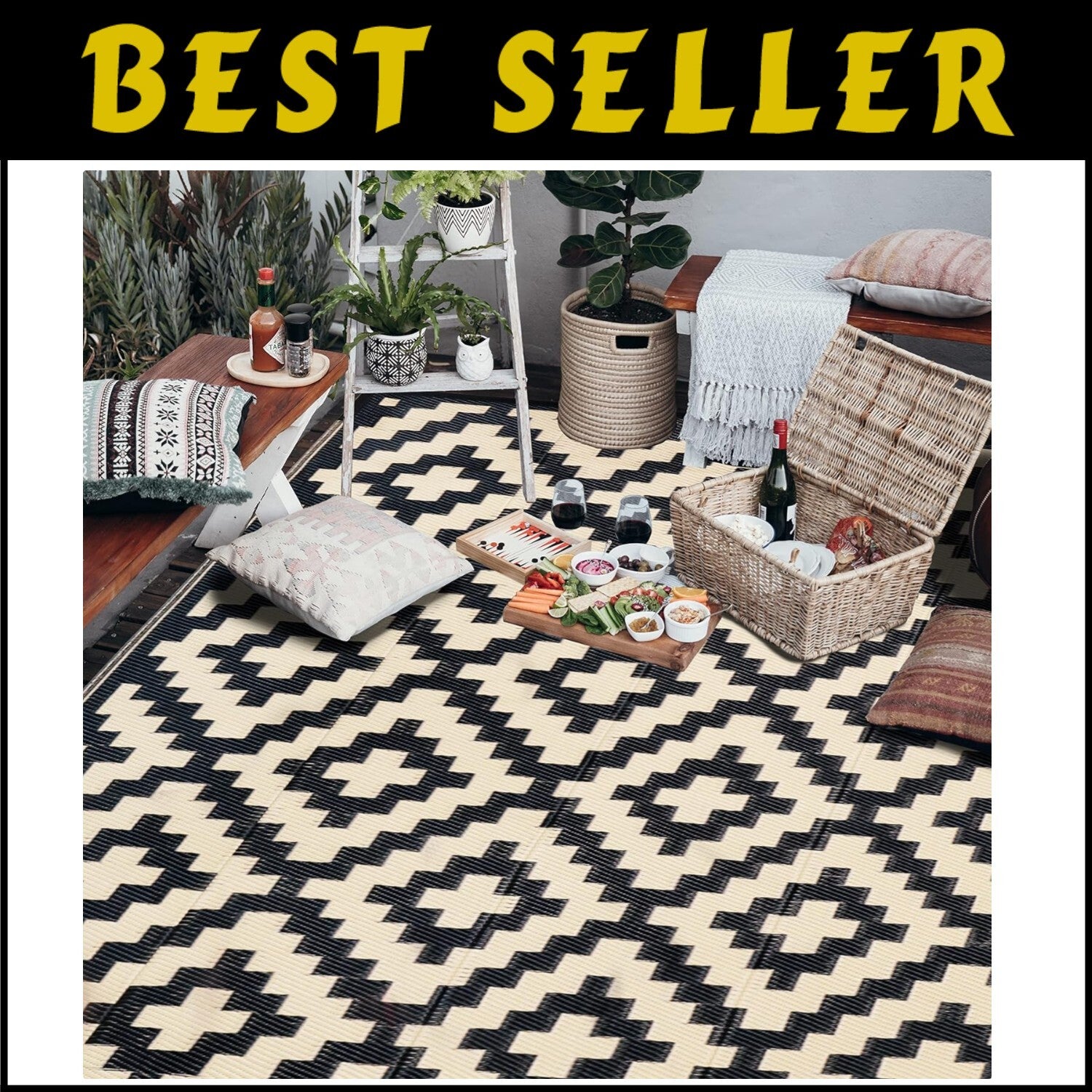 Durable 6'x9' Reversible Outdoor Rug - Stylish Black & Beige for Summer Picnics