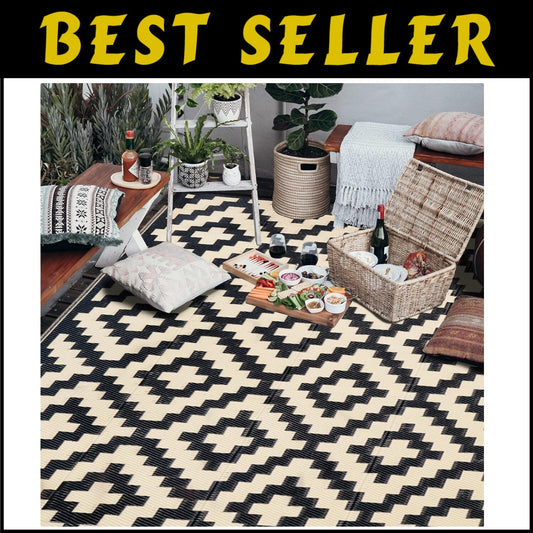 Durable 6'x9' Reversible Outdoor Rug - Stylish Black & Beige for Summer Picnics