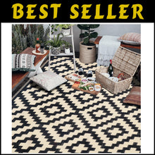 Load image into Gallery viewer, Durable 6'x9' Reversible Outdoor Rug - Stylish Black &amp; Beige for Summer Picnics