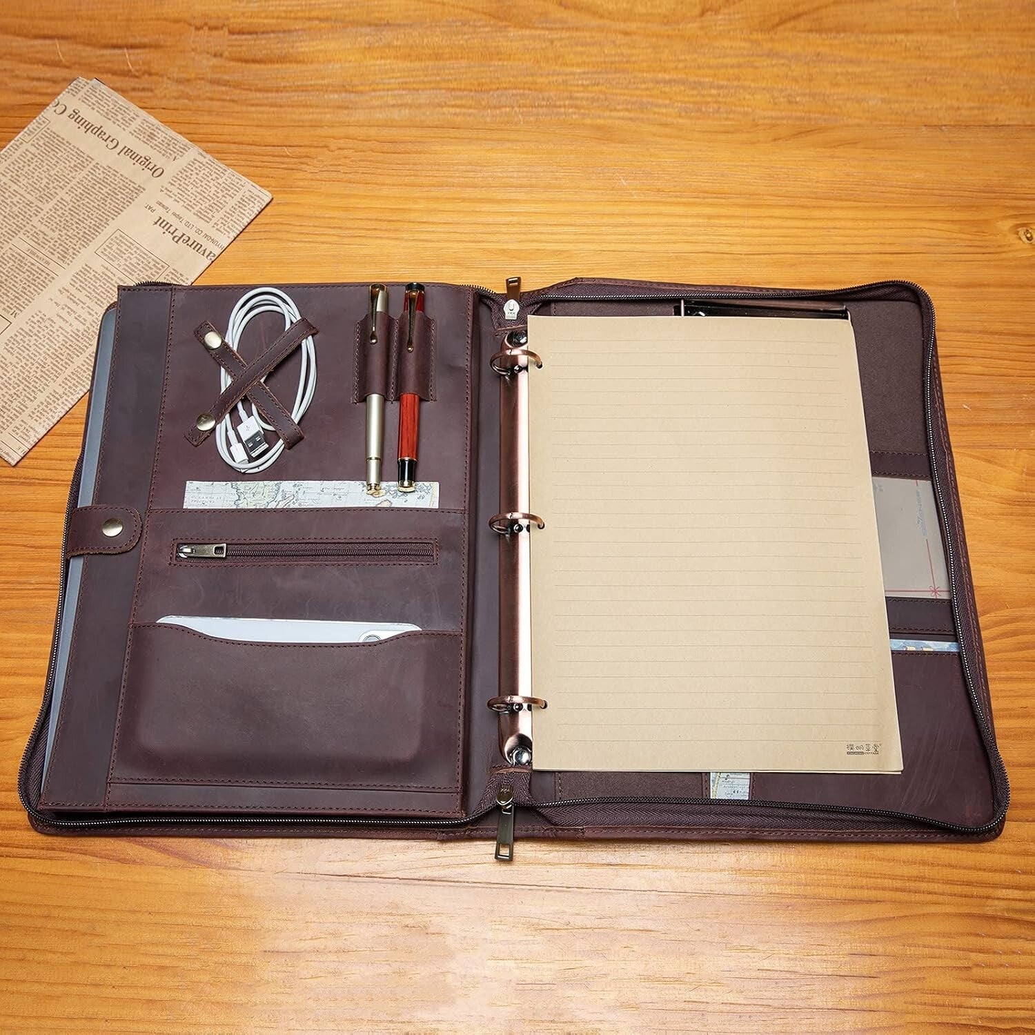Elegant 3-Ring Leather Padfolio with Tablet Holder - Perfect for Business Trips