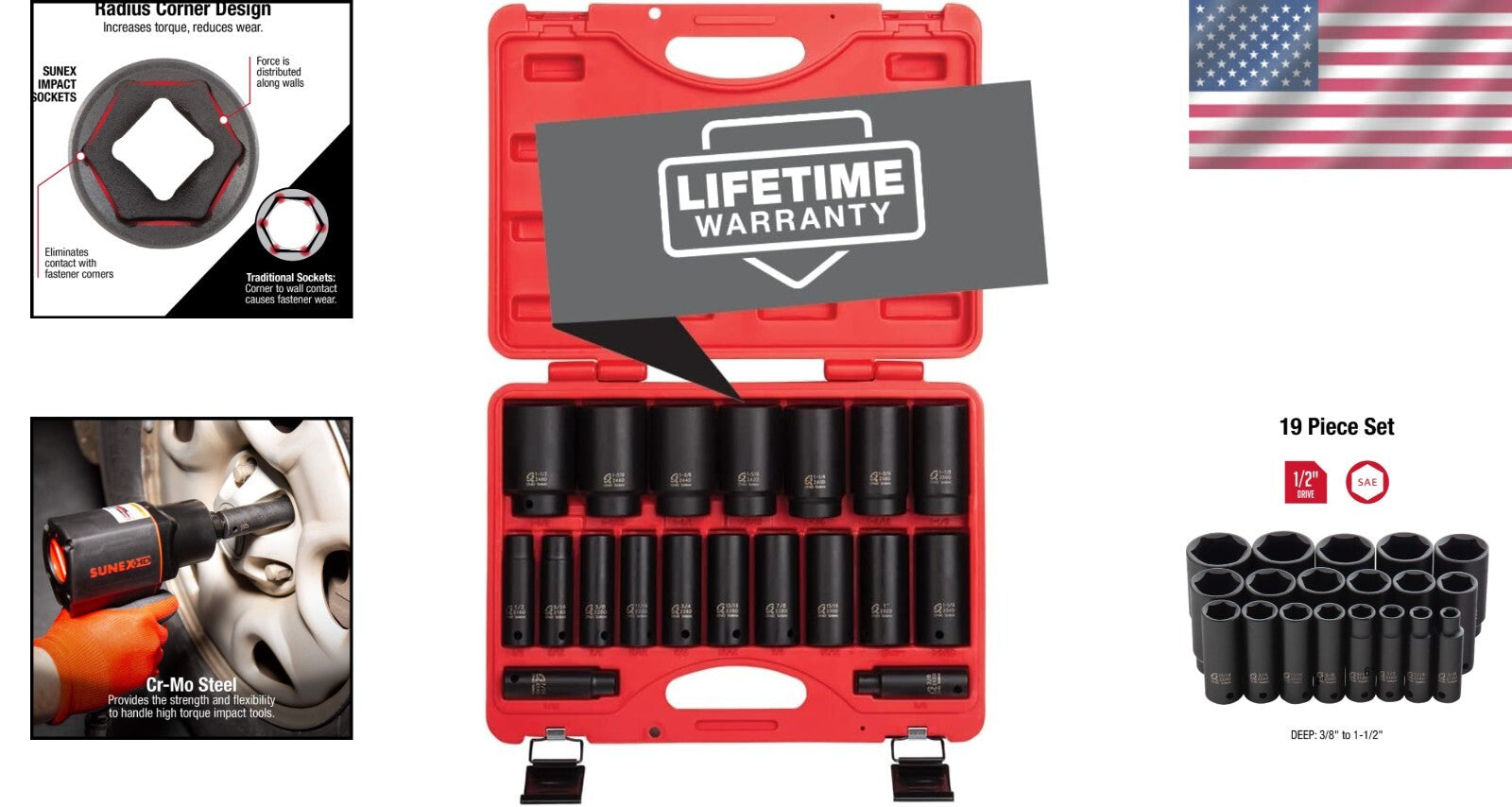 Professional 1/2 Inch Drive SAE Deep Impact Socket Set with Storage Case