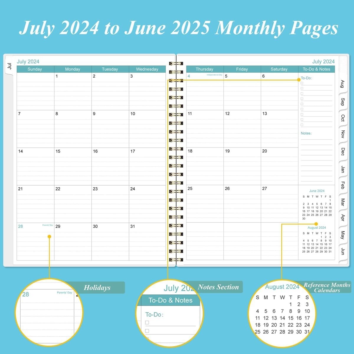 Elegant 2025-2026 Daily Planner with 12 Monthly Tabs - 11" x 8.5" Blue Design
