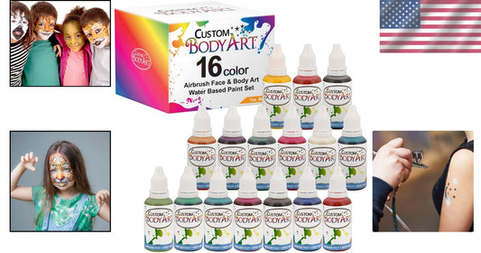 Professional 16 Color Face & Body Airbrush Paint Set - 1 Oz Easy-Wash Bottles