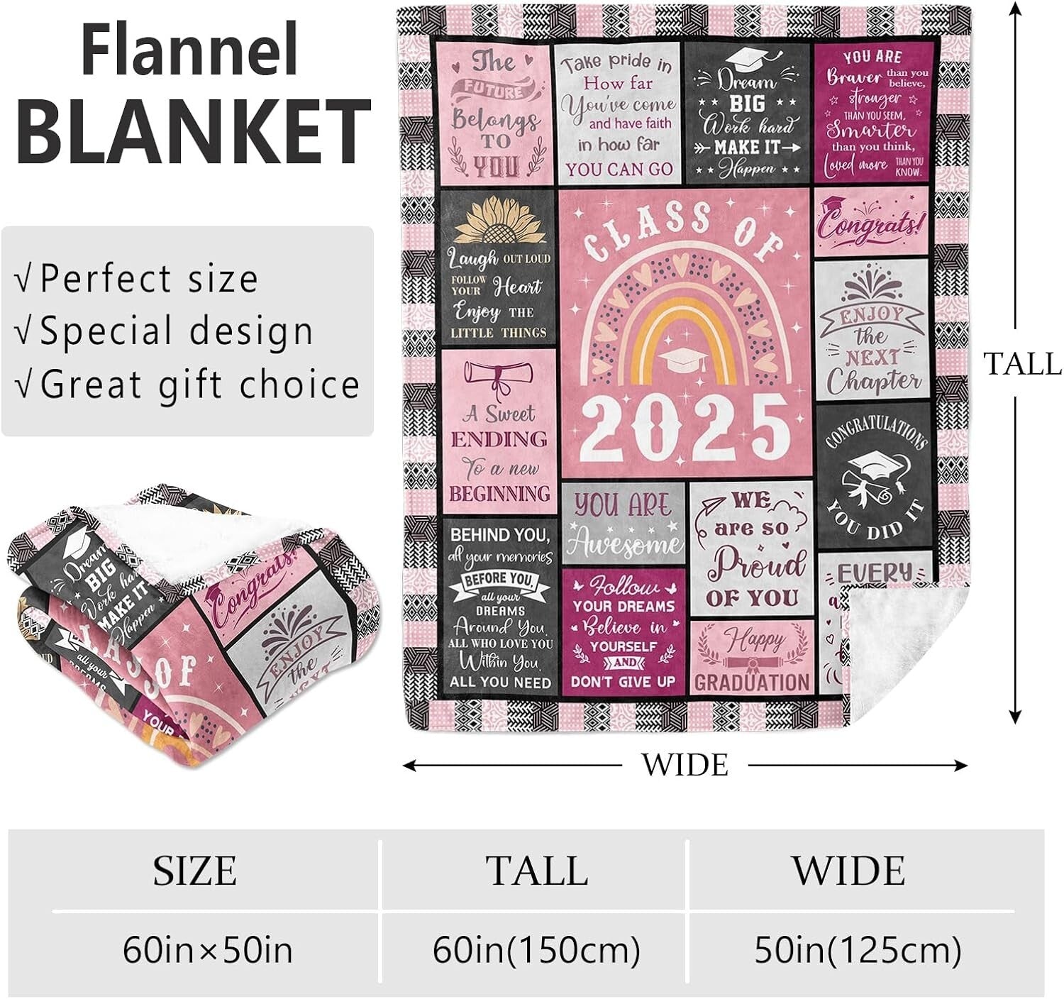 Multipurpose Pink Graduation Blanket 60x50 - Ideal Gift for Women Graduates 2025